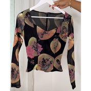 Mariella Burani Italian vintage Y2K black portrait print mesh top with Victorian medallions & pink roses