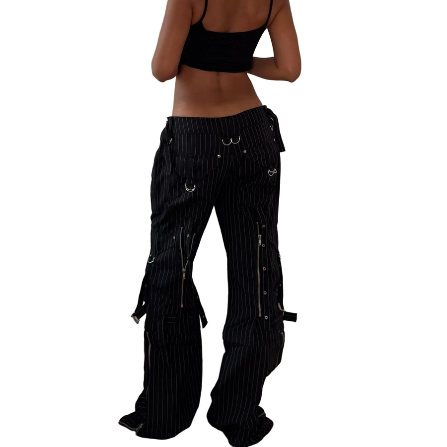 Euro Vintage Black Pinstripe Cargo Pants with Zipper & Buckle Details (M)