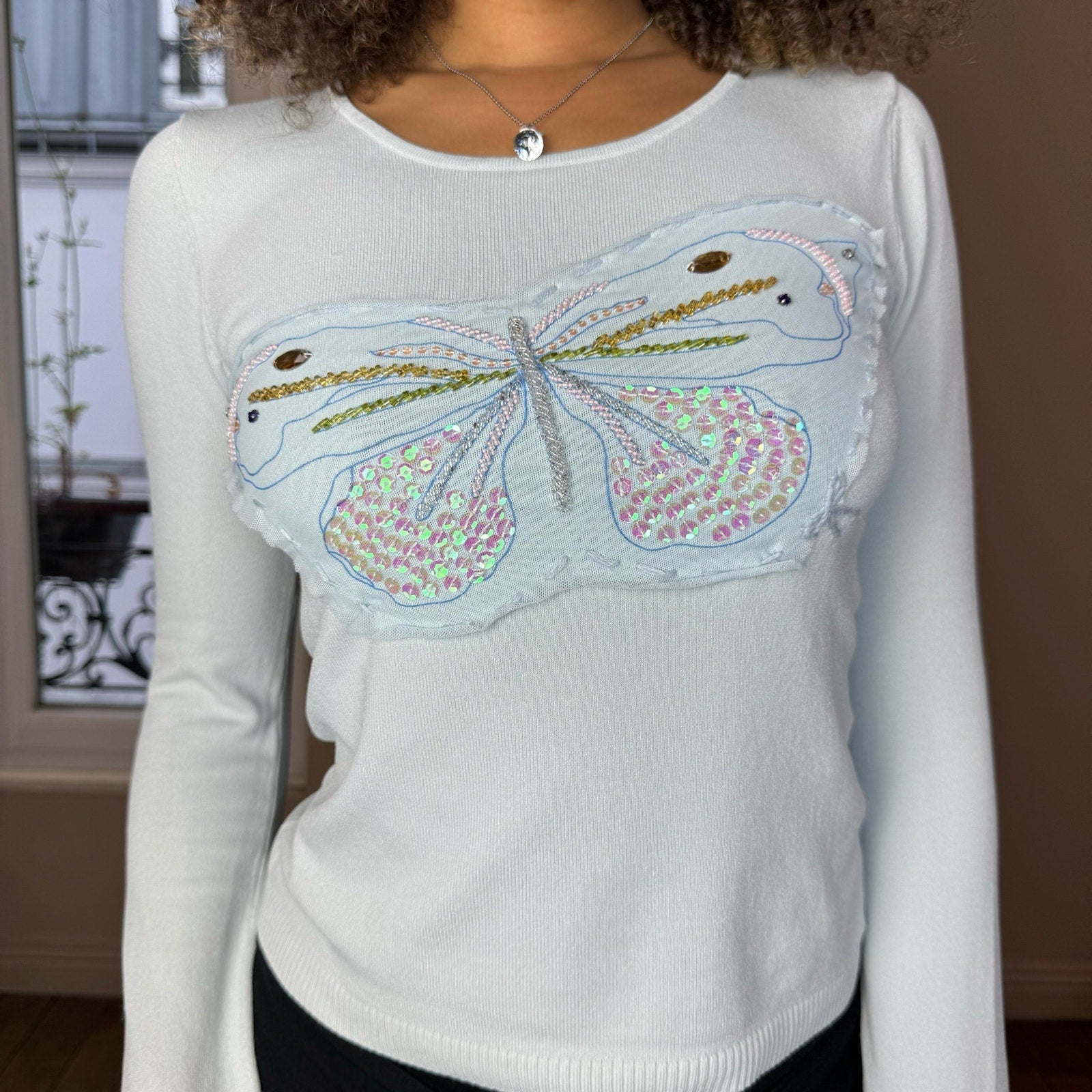 Vintage 00s Baby Blue Knit Top with Silk Applique (S)