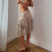 Vintage Beige Peach Floral Silk Mesh Skirt (S)