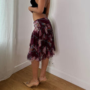 Vintage Sisley Burgundy Floral Silk Mesh Skirt (S) ⠀
