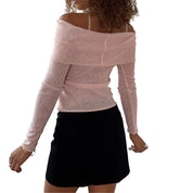 Vintage Pink Off Shoulder Sheer Mesh Long Sleeve Top (S)