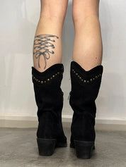 Vintage Stud Grunge Black Suede feel Cowboy Boots (US 8)