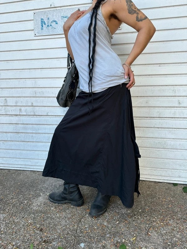 Vintage Black Asymmetrical Drawstring Utility Maxi Skirt (M)