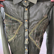 Vintage Italian Olive Sheer Mesh Button up Top (S)