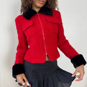 Vintage Italian Red Wool Jacket with Faux Fur Trim (S)