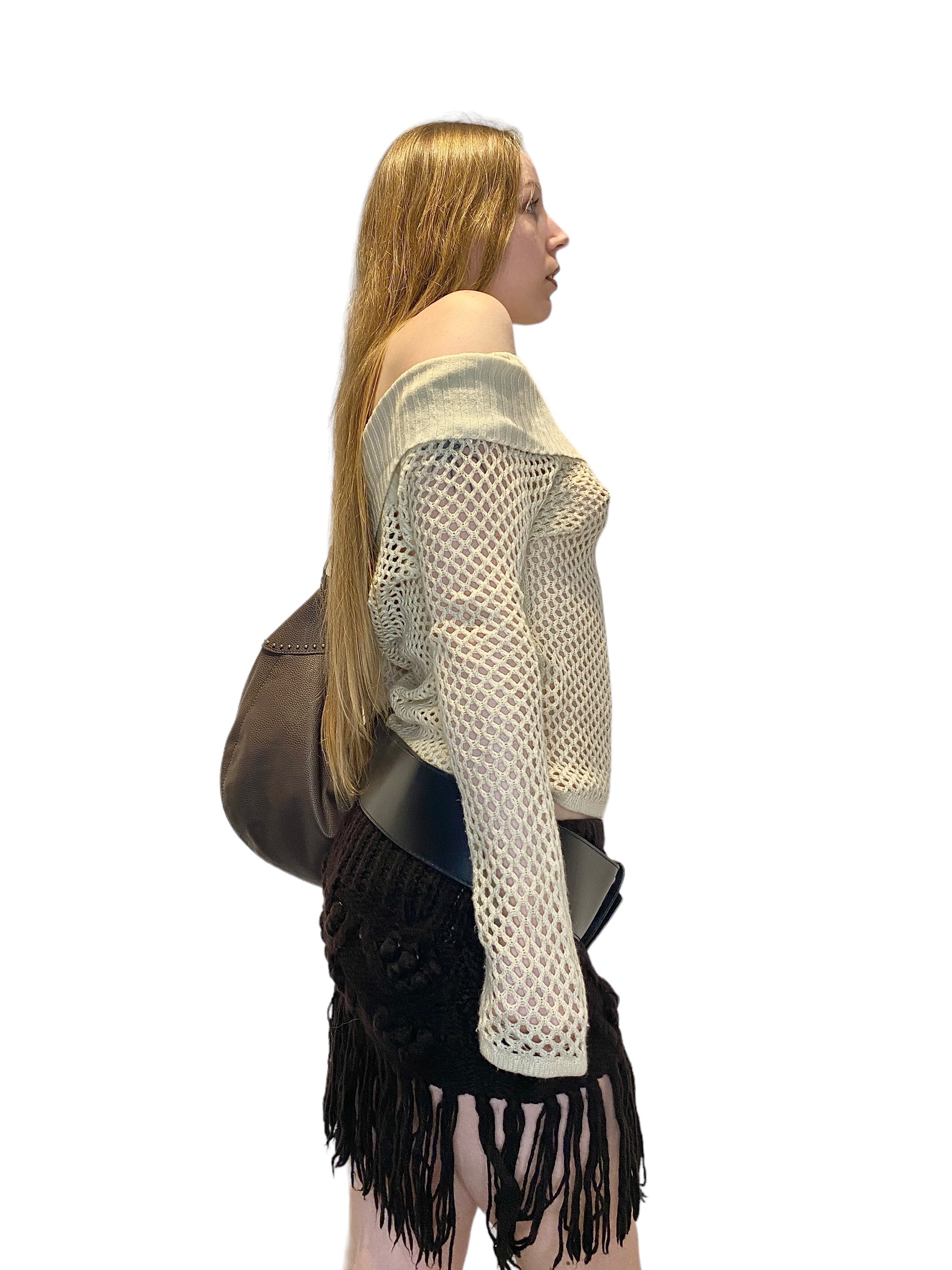 Vintage Off The Shoulder Crochet Long Sleeve Top (M)