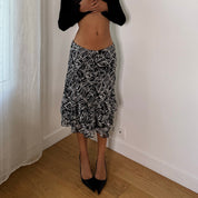 Italian vintage black & white abstract zebra print mesh midi skirt with ruffled hem