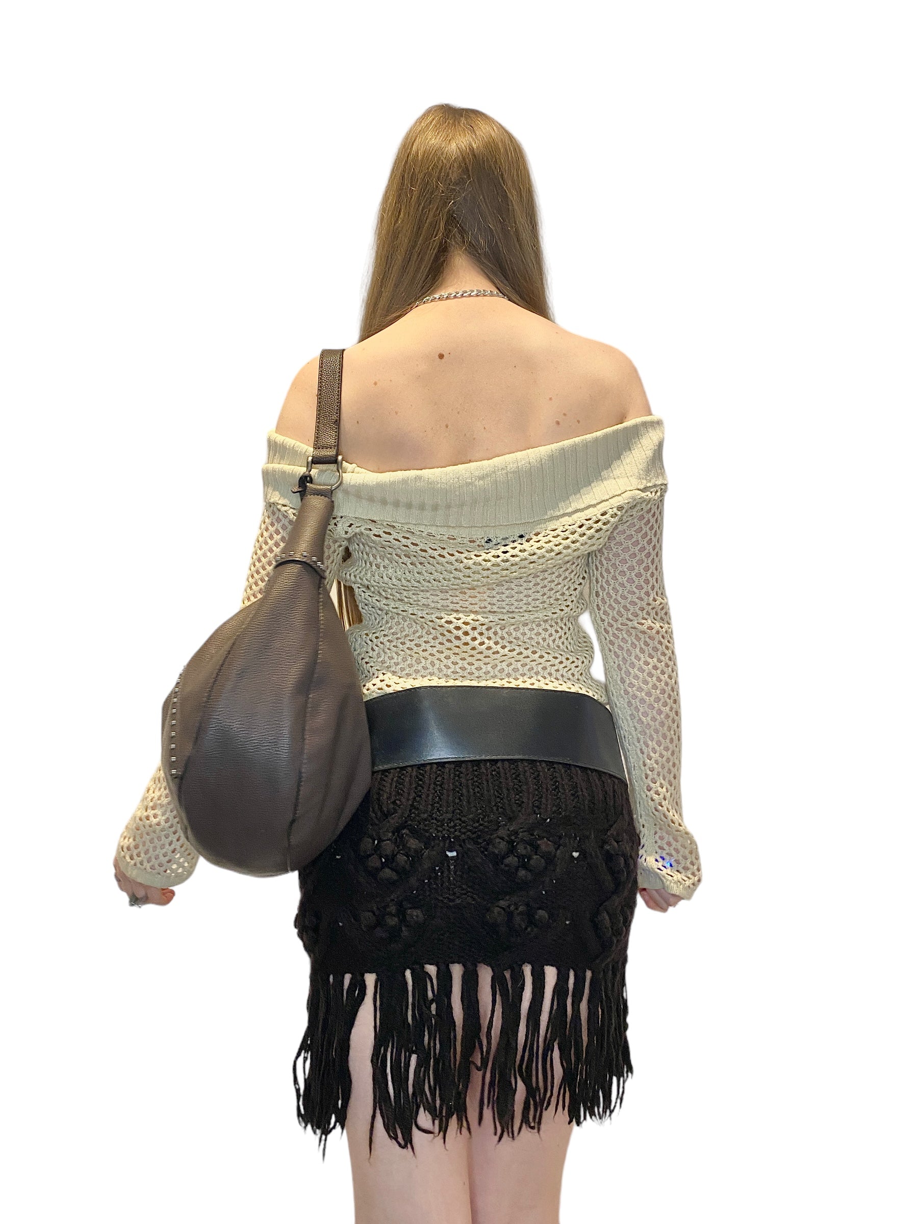 Vintage Off The Shoulder Crochet Long Sleeve Top (M)