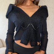 Italian vintage black mohair knit & sheer mesh zip-up top with oversized collar & rhinestone details