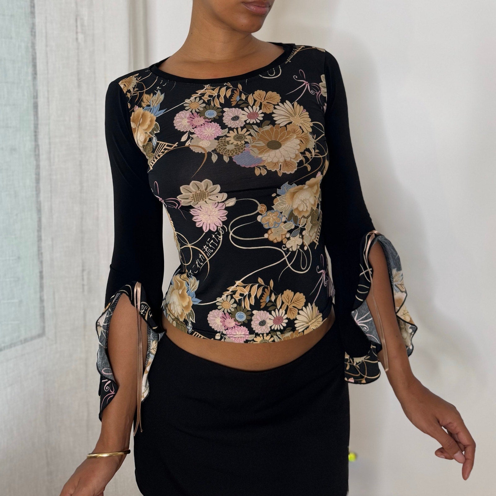 French vintage black floral print slinky long sleeve top