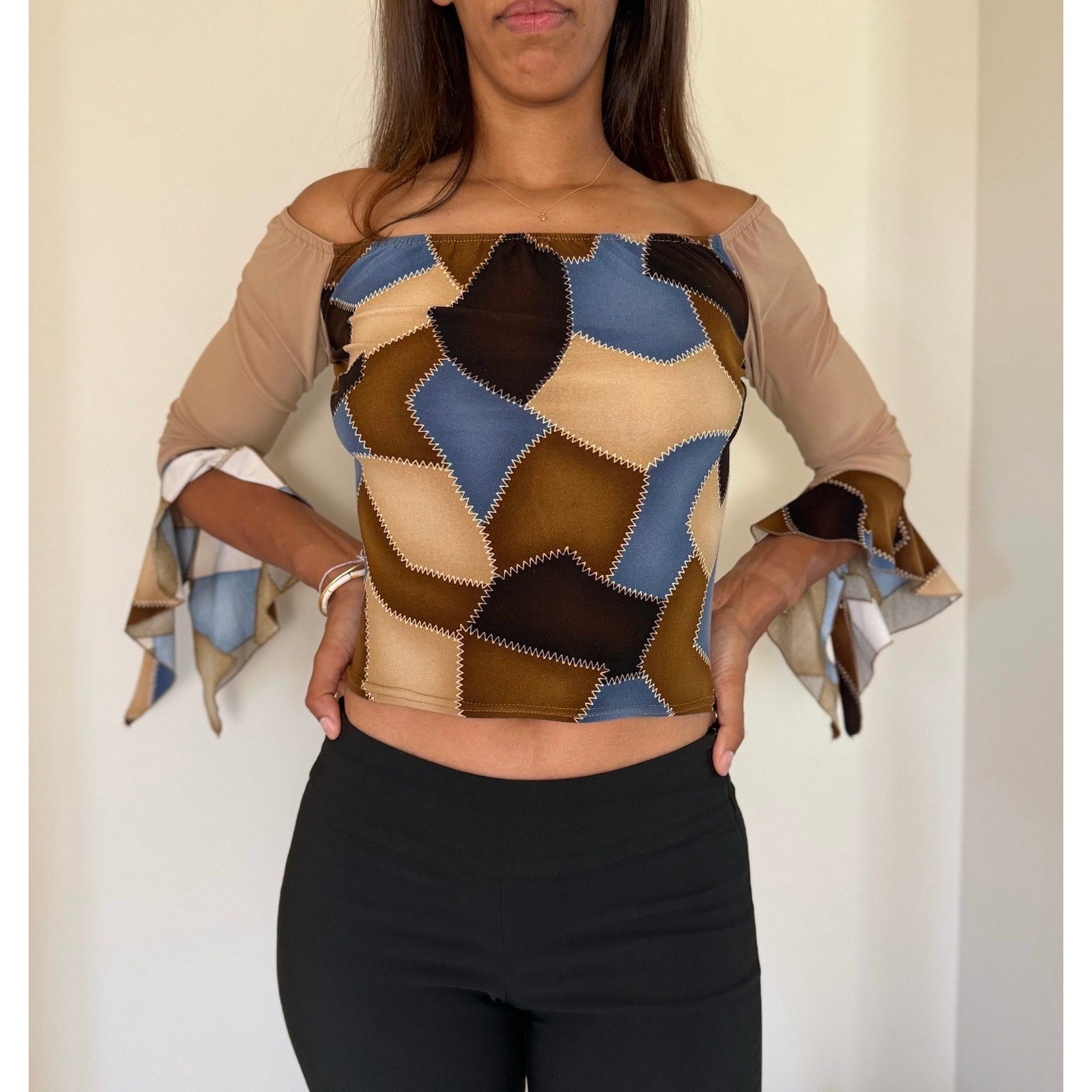 French vintage brown & blue patchwork print top with off shoulder neckline (M/L)