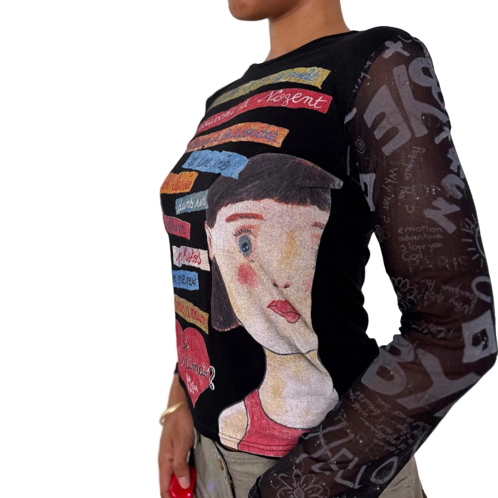 Misia Paris French vintage Y2K black illustrated graphic top with French poetry print & sheer doodle mesh sleeves