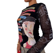 Misia Paris French vintage Y2K black illustrated graphic top with French poetry print & sheer doodle mesh sleeves