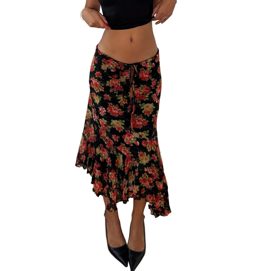 Twin-Set Italian vintage 2000s black floral mesh midi skirt with red roses, drawstring waist & asymmetric ruffle hem