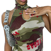 Italian designer camo sleeveless turtleneck (S)