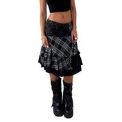 Vintage Plaid Lace Panel Midi Skirt (S)