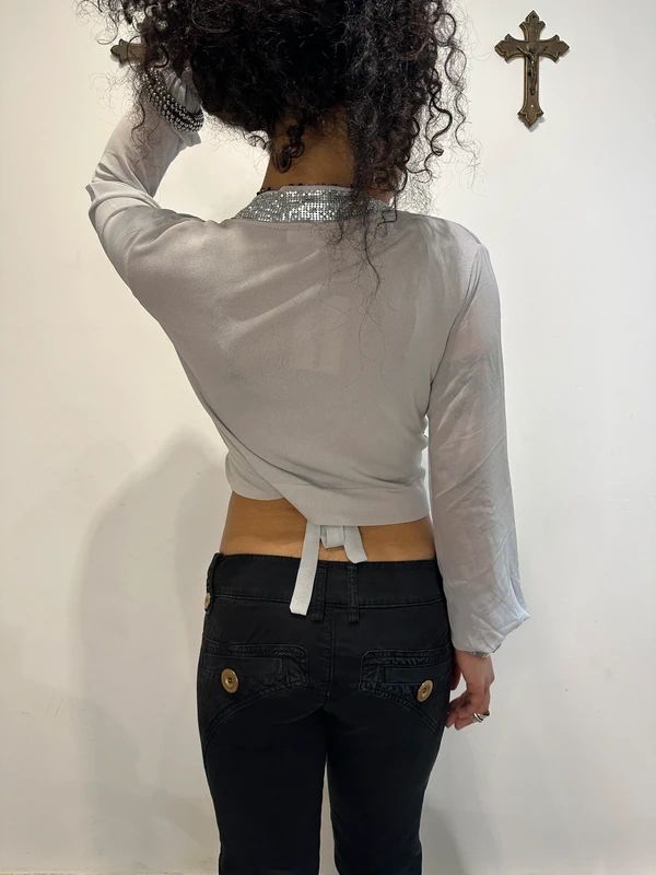 Vintage Wrap Balloon Sleeve Bolero Cardigan with Sheer Sleeves (S)