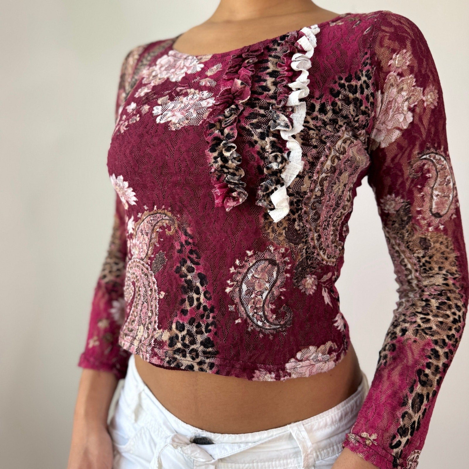 Vintage Floral Cheetah Lace Top Ruffle Trim Long Sleeve (S)