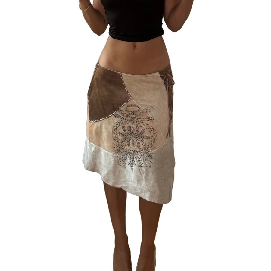 Vintage Italian Suede Leather Beaded Lace Up Skirt (S/M)