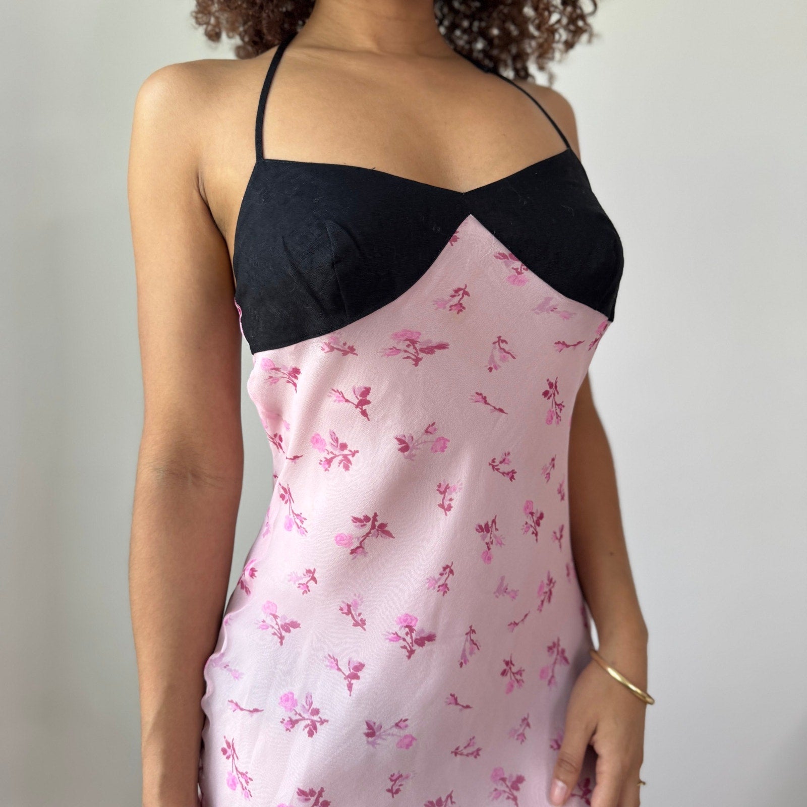 Vintage Pink Silk Floral Slip Dress Halter Tie (S)