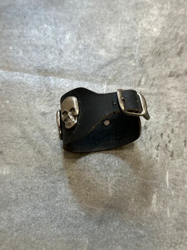 Vintage Chrome Skull Leather Tie Bracelet
