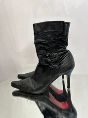 Vintage Y2K 2000s Black Pointed Toe Ruched Ankle Boots (US 7 UK 5 EU 38)
