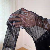 Misia Paris French vintage Y2K black illustrated graphic top with French poetry print & sheer doodle mesh sleeves