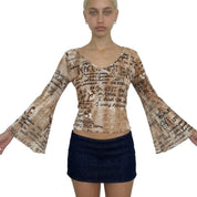Vintage French Beige Script Print Mesh Top (S/M)