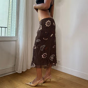 Vintage Ibiza Brown Beaded Floral Mesh Midi Skirt (S/M)