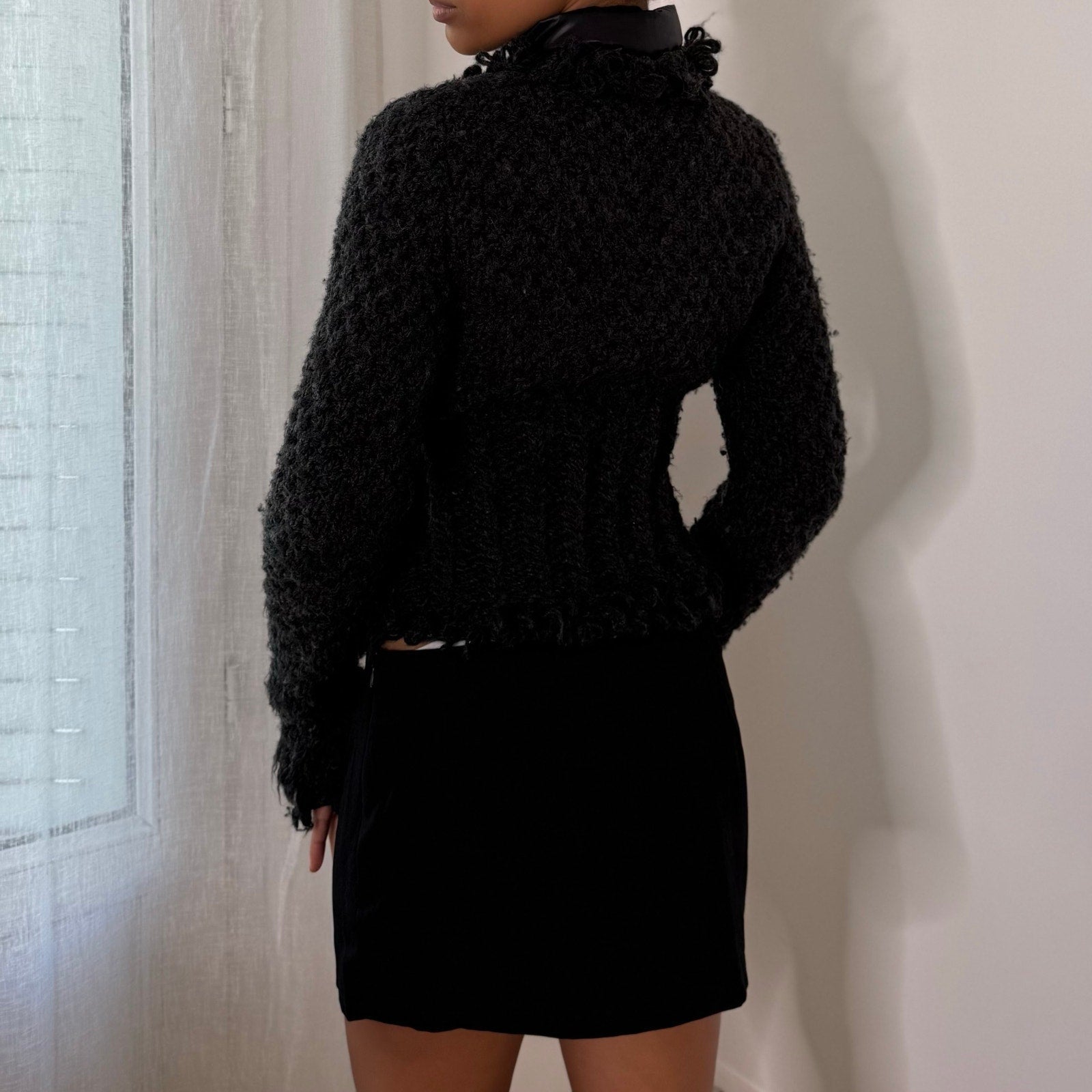 Italian vintage charcoal grey textured wool blend zip-up jacket with high collar