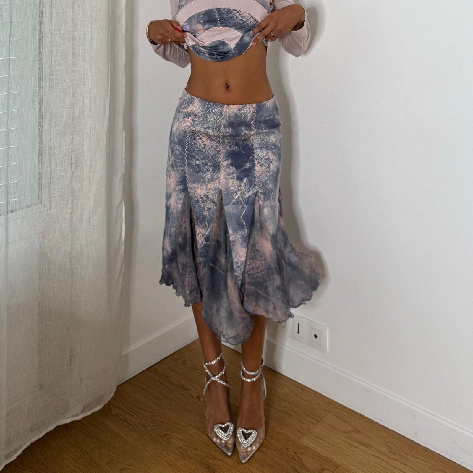 Italian vintage pink and blue 2 piece set with slinky long sleeve top and midi skirt