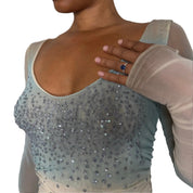 Italian vintage pale blue and ivory sequin embellished mesh long sleeve top