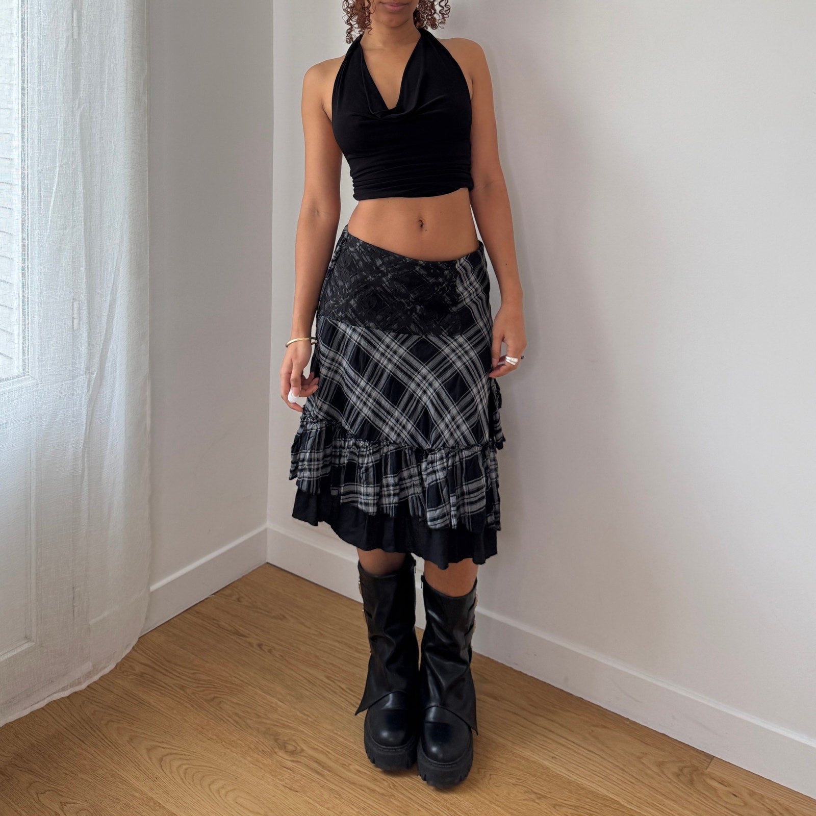 Vintage Plaid Lace Panel Midi Skirt (S)