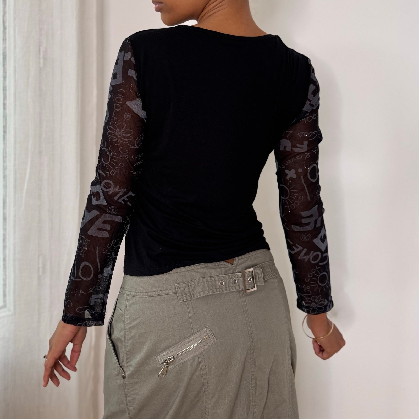 Misia Paris French vintage Y2K black illustrated graphic top with French poetry print & sheer doodle mesh sleeves