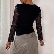 Misia Paris French vintage Y2K black illustrated graphic top with French poetry print & sheer doodle mesh sleeves