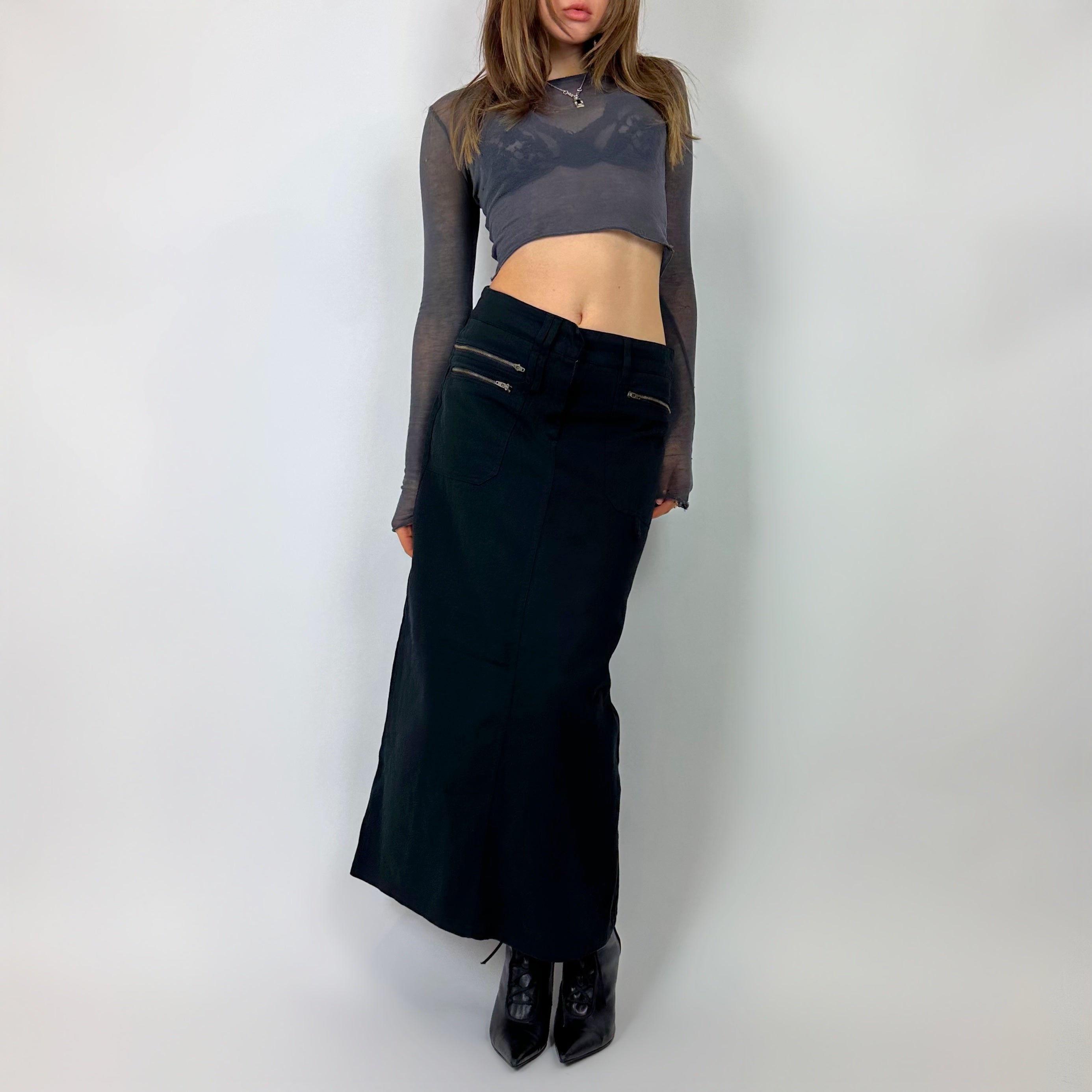 Vintage 90's Black Denim Maxi Skirt (s/m)