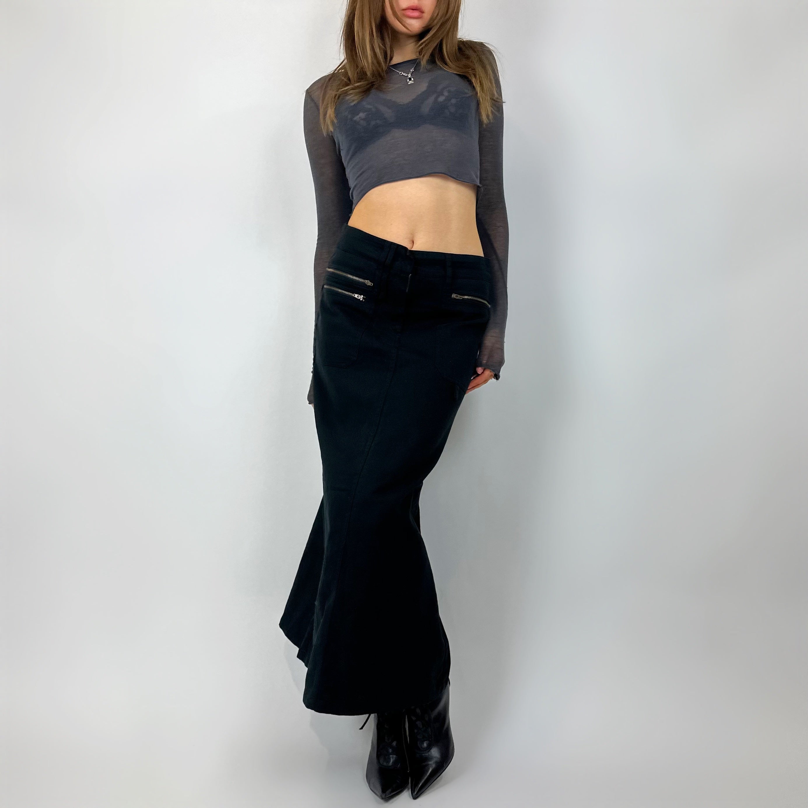 Vintage 90's Black Denim Maxi Skirt (s/m)