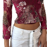 Vintage Floral Cheetah Lace Top Ruffle Trim Long Sleeve (S)