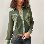 Vintage Italian Olive Sheer Mesh Button up Top (S)