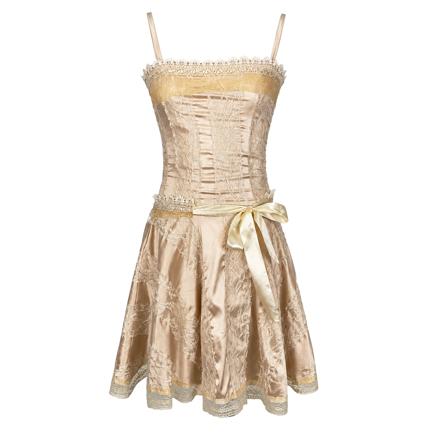 2000s Romantic Champagne Lace Corset Midi Dress (XS)