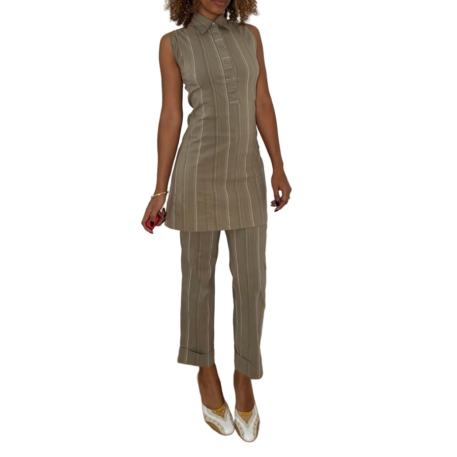 French vintage beige/green & ivory pinstripe cotton tunic dress & capri pants matching set