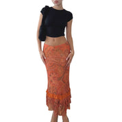 Vintage Italian Orange Paisley Silk Mesh Midi Skirt (S)