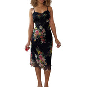 Vintage Floral Silk Mesh Midi Dress (S/M)