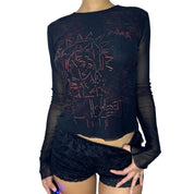 Italian vintage graphic mesh long sleeves top (XS/S)