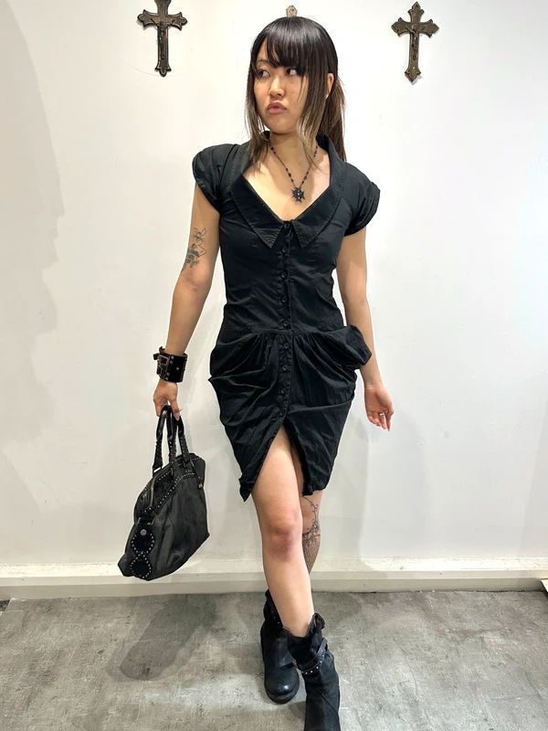 Vintage AllSaints Black Gothic Cotton Mini Dress (XS)