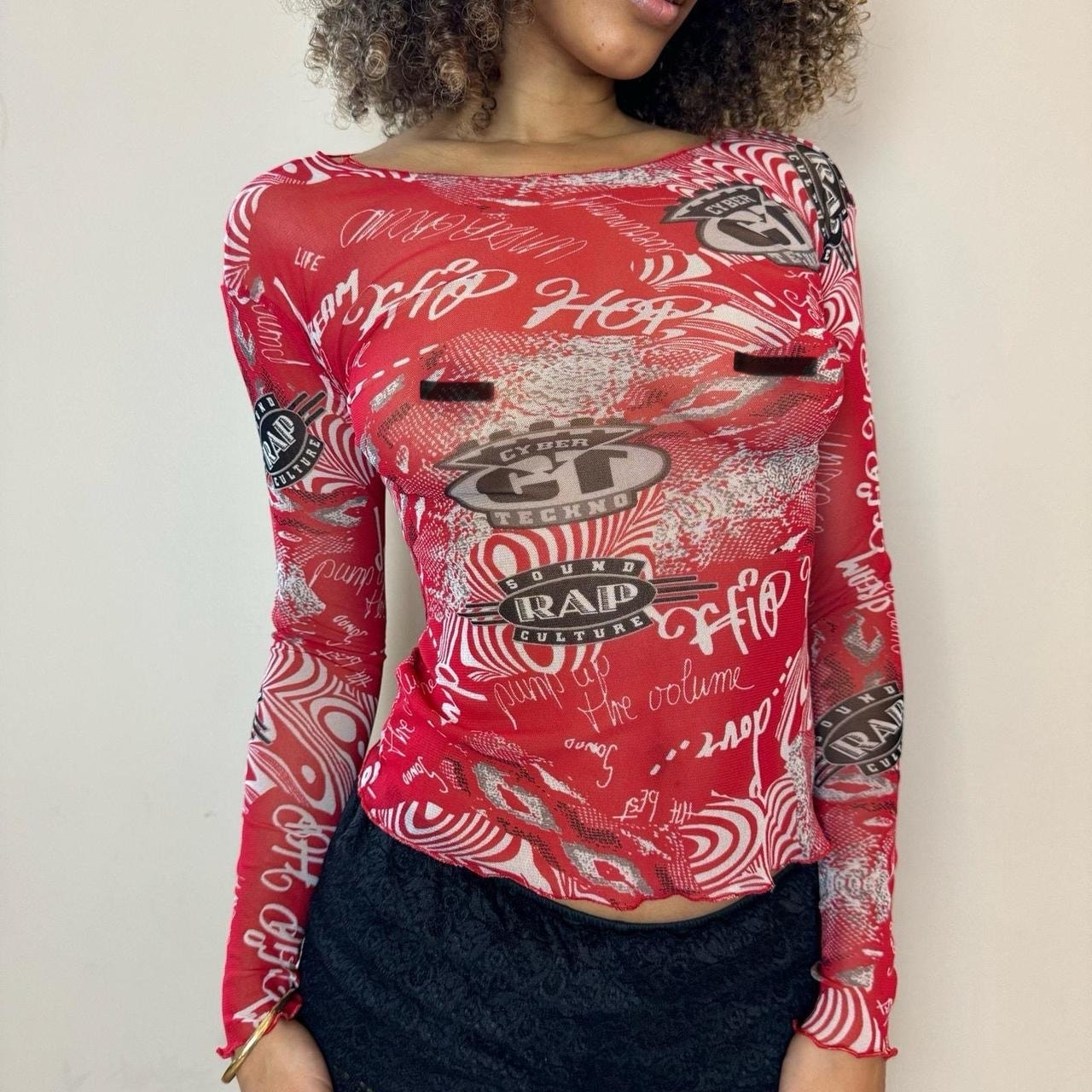 French Vintage Red Graphic Mesh Long Sleeve Top (XS/S)
