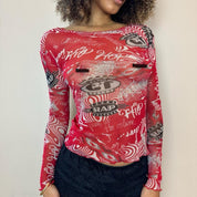 French Vintage Red Graphic Mesh Long Sleeve Top (XS/S)