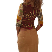 Euro vintage 00s olive green illustrated graphic top with lettering & retro aviator print