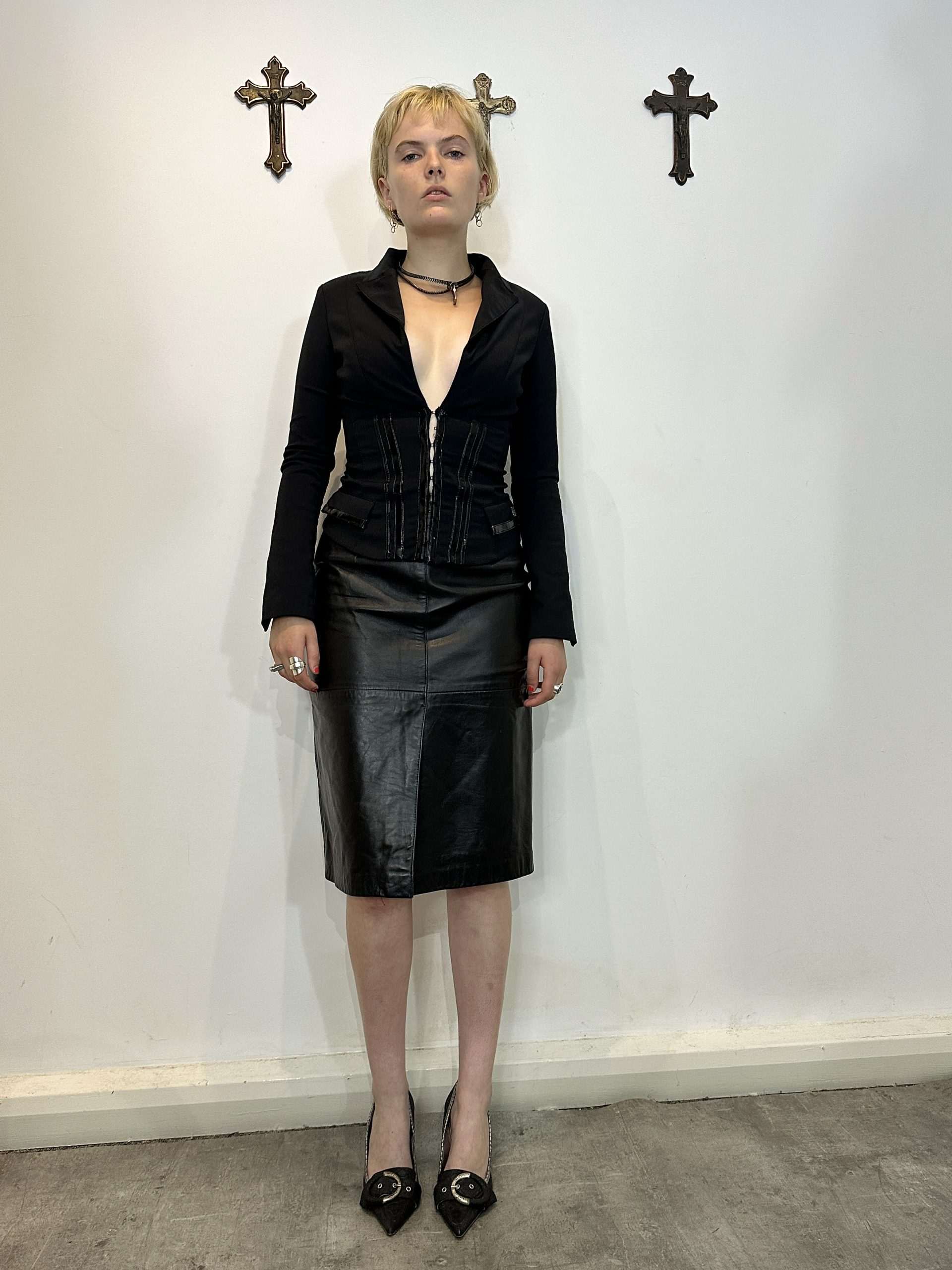 Vintage Black Leather Pencil Skirt (S)